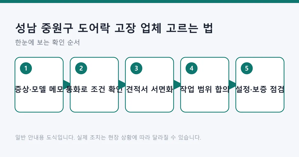 도어락 업체를 부르기 전 증상 정리부터 작업 후 설정 점검까지 다섯 단계를 보여 주는 도식.