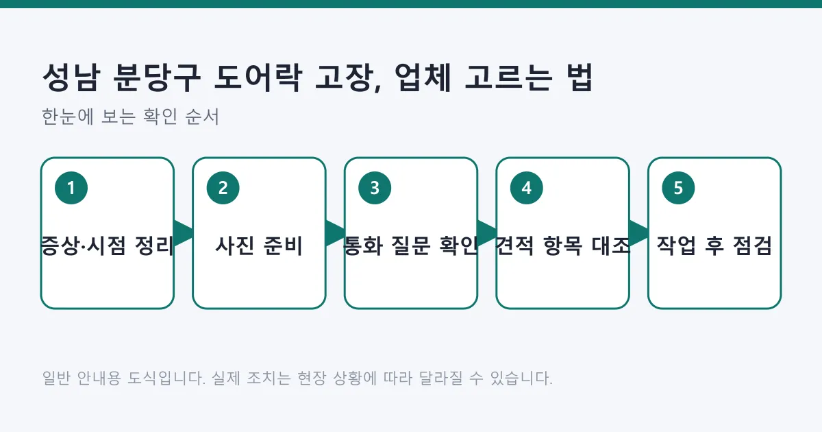 도어락 고장 시 업체를 고르는 과정을 증상 정리부터 작업 후 점검까지 다섯 단계로 정리한 도식