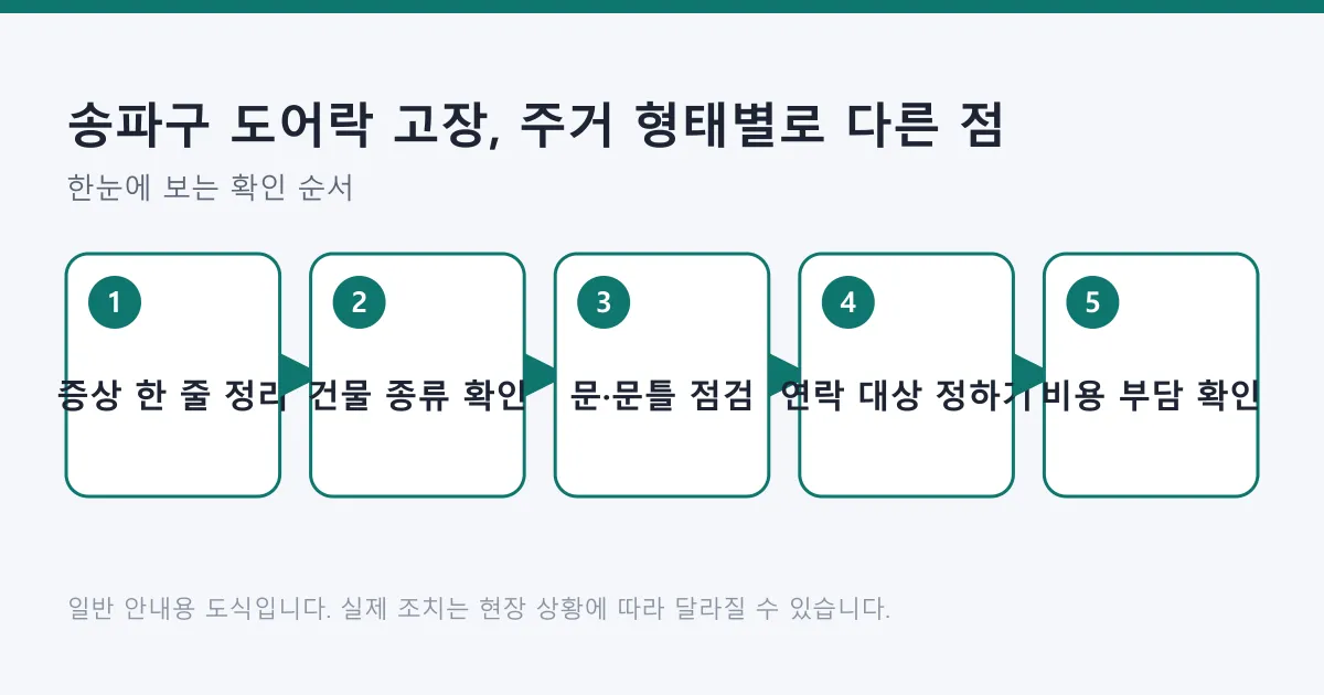 도어락 고장을 증상 정리에서 비용 부담 확인까지 다섯 단계로 판단하는 과정을 나타낸 도식