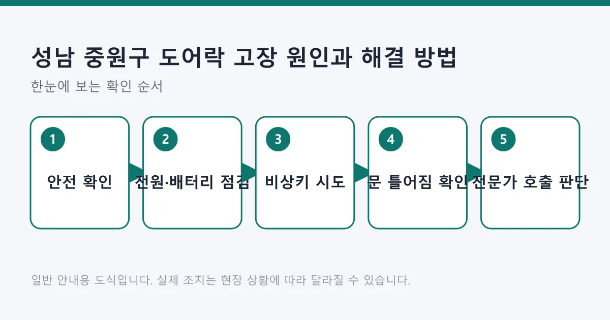 도어락 고장 시 안전 확인부터 전원 점검, 비상키, 문 상태 확인, 전문가 호출 판단까지 이어지는 다섯 단계 도식