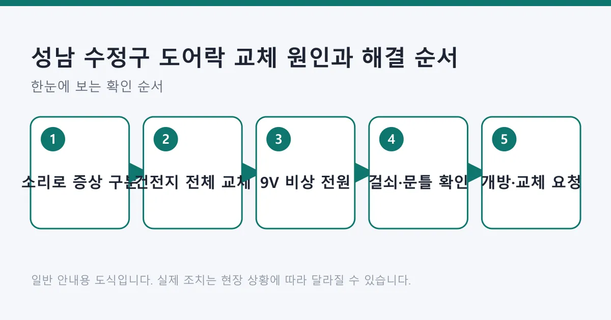 도어락 이상 시 소리로 증상을 구분하고 건전지와 비상 전원을 확인한 뒤 걸쇠와 문틀 상태를 보고 개방 또는 교체로 넘어가는 다섯 단계 도식.