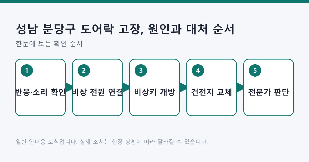 도어락이 열리지 않을 때 반응 확인, 비상 전원, 비상키, 건전지 교체, 전문가 호출 순으로 대처하는 흐름을 정리한 도식