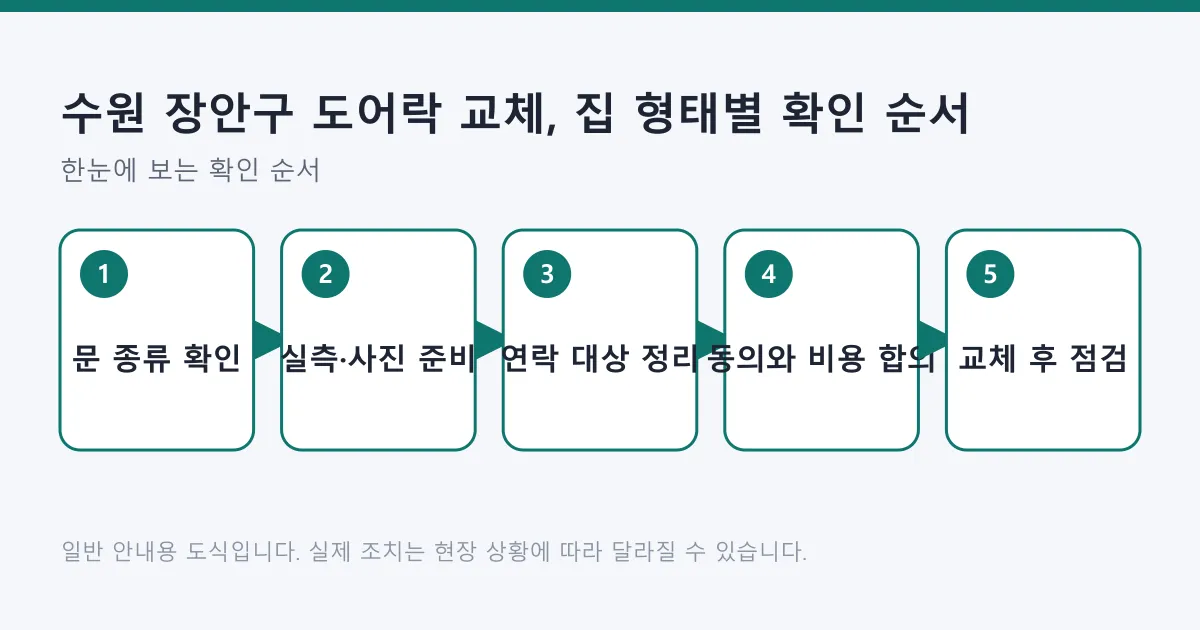 문 종류 확인부터 실측과 사진 준비, 연락 대상 정리, 동의와 비용 합의, 교체 후 점검까지 이어지는 5단계 흐름도