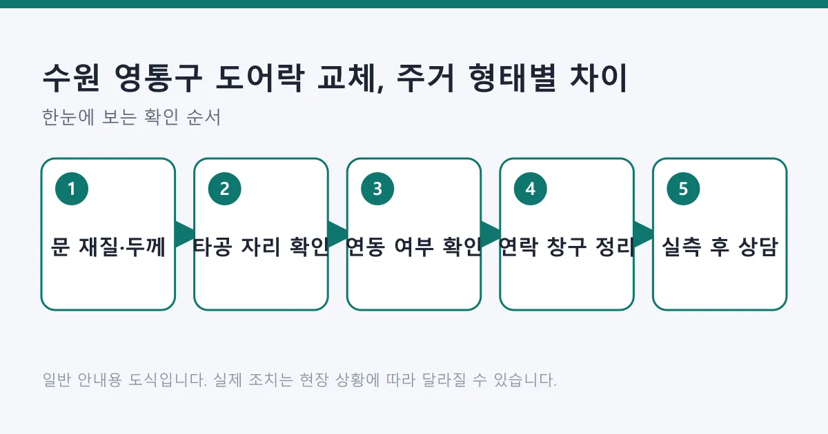 도어락 교체 전 문 재질과 타공 자리, 공동현관 연동 여부를 확인하고 연락 창구를 정리해 실측 상담까지 가는 다섯 단계 도식