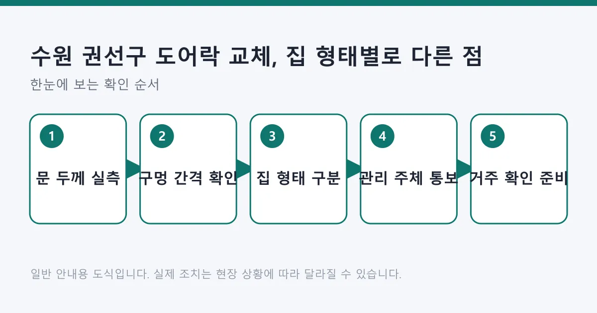 도어락 교체 전 문 두께 실측부터 집 형태별 관리 주체 통보와 거주 확인 준비까지의 단계를 보여 주는 도식