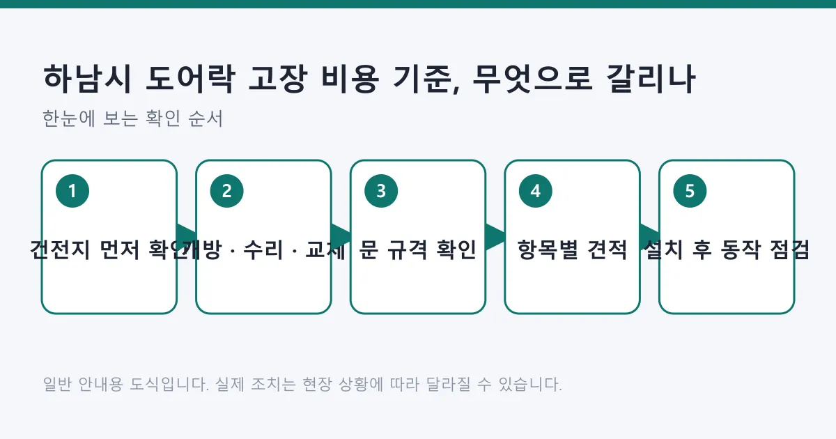 도어락 고장 시 건전지 확인부터 작업 종류 구분, 문 규격 확인, 항목별 견적, 설치 후 점검까지의 순서를 보여 주는 도식