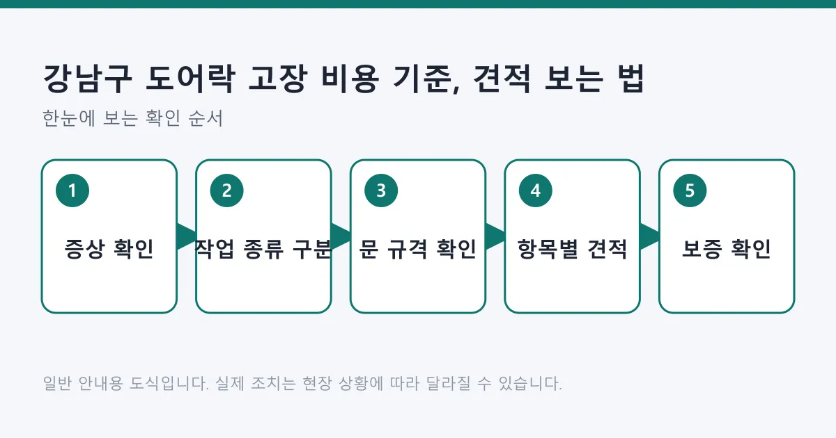 도어락 고장을 증상 확인부터 작업 종류 구분, 문 규격 확인, 항목별 견적, 보증 확인까지 단계로 보여 주는 도식