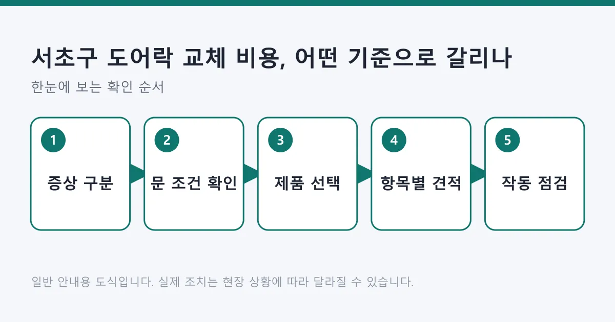 도어락 교체를 증상 구분과 문 조건 확인, 제품 선택, 항목별 견적을 거쳐 작동 점검까지 다섯 단계로 정리한 도식