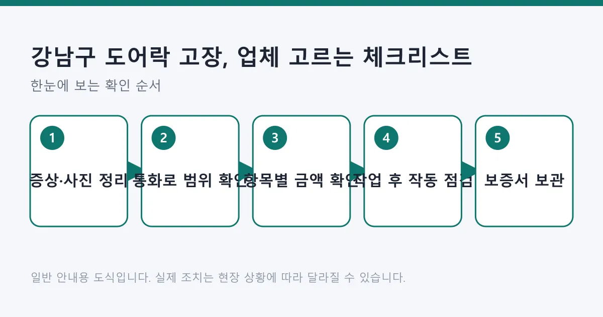 도어락 업체 선택 과정을 증상 정리부터 보증서 보관까지 다섯 단계로 정리한 도식
