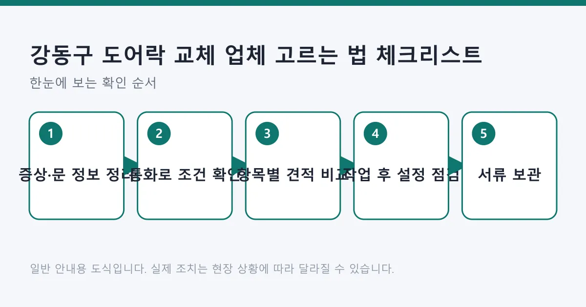 도어락 교체 전 문 정보를 정리하고 통화와 견적을 비교한 뒤 작업 후 설정을 점검하고 서류를 보관하는 다섯 단계 흐름도