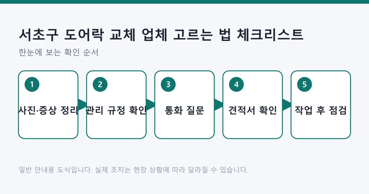 도어락 교체 업체를 고를 때 사진 정리부터 작업 후 점검까지 확인할 다섯 단계를 보여 주는 도식.