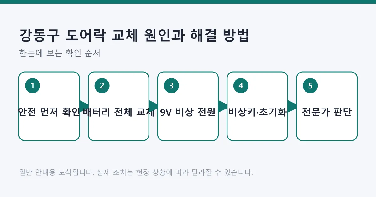 도어락이 반응하지 않을 때 안전 확인부터 배터리 교체, 비상 전원, 비상키 사용, 전문가 판단까지의 점검 순서 도식