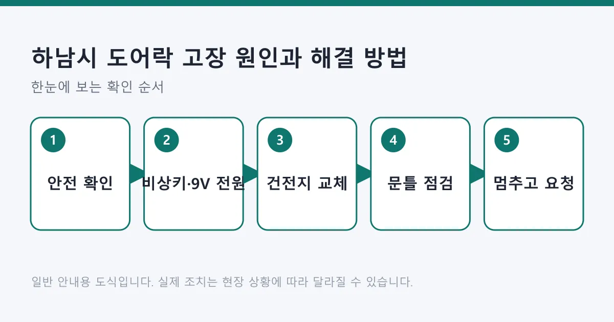 도어락 고장 대응 순서를 안전 확인, 비상 전원, 건전지 교체, 문틀 점검, 전문가 요청 다섯 단계로 정리한 도식