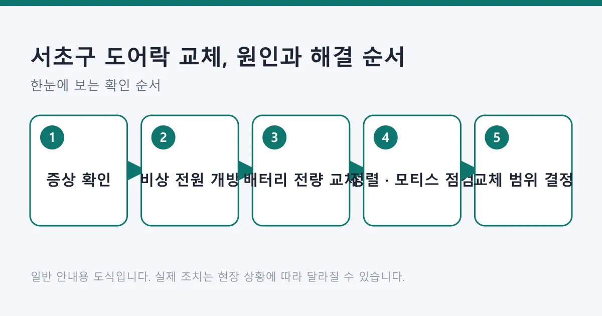 도어락 증상 확인부터 비상 개방, 배터리 교체, 교체 범위 결정까지의 순서를 보여 주는 도식