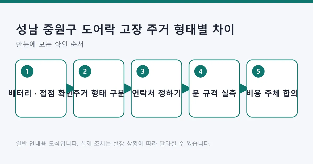 배터리 확인부터 비용 부담 합의까지 도어락 고장 대응 순서를 보여 주는 도식