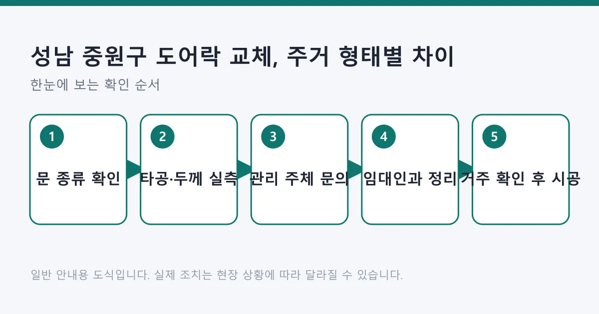 도어락 교체 과정을 문 종류 확인, 실측, 관리 주체 문의, 임대인 협의, 거주 확인 후 시공의 다섯 단계로 정리한 도식