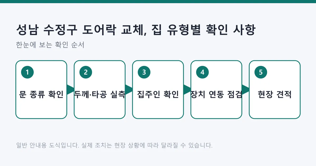 도어락 교체를 문 종류 확인에서 실측, 집주인 확인, 연동 점검, 현장 견적까지 다섯 단계로 정리한 도식