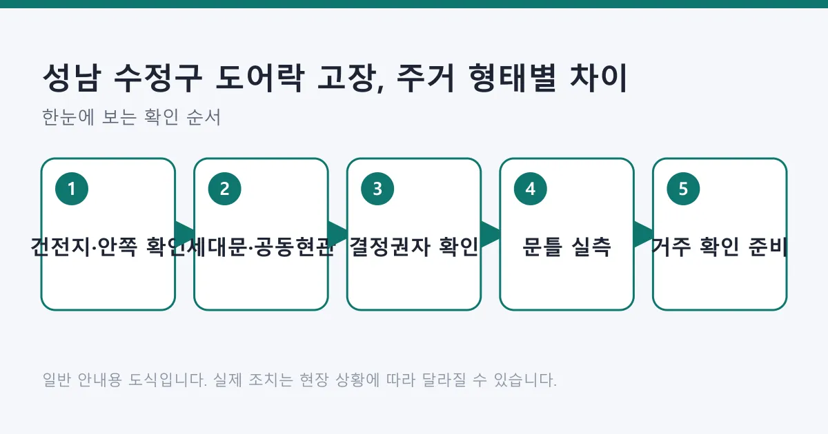 도어락 고장 시 건전지 확인부터 세대문과 공동현관 구분, 결정권자 확인, 문틀 실측, 거주 확인 준비까지의 순서를 보여주는 도식