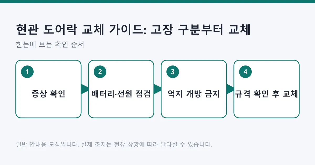 현관 도어락 고장 시 증상 확인부터 배터리 점검, 교체 판단까지의 순서를 나타낸 도식
