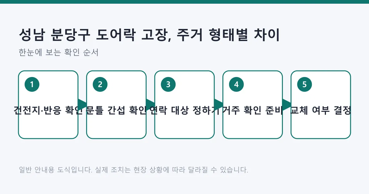 도어락 고장 시 건전지 확인부터 교체 여부 결정까지 집 형태에 따른 다섯 단계를 보여 주는 도식