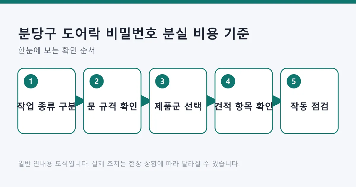 도어락 비밀번호 분실 시 작업 종류와 문 규격을 확인하고 제품과 견적을 점검하는 다섯 단계 도식