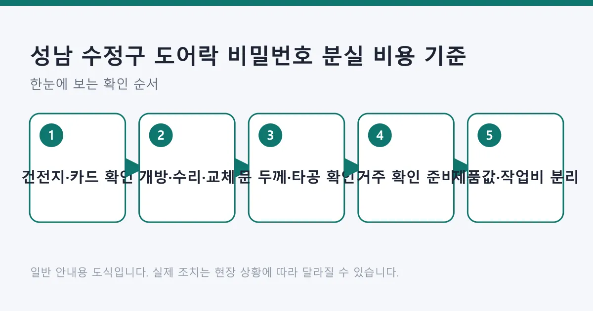 도어락 비밀번호 분실 시 건전지 확인부터 개방·교체 구분, 문 규격 확인, 거주 확인, 비용 항목 분리까지 다섯 단계 도식