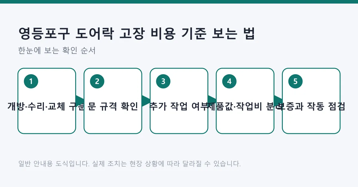 도어락 비용을 가늠하는 과정을 작업 구분부터 보증과 작동 점검까지 다섯 단계로 정리한 도식