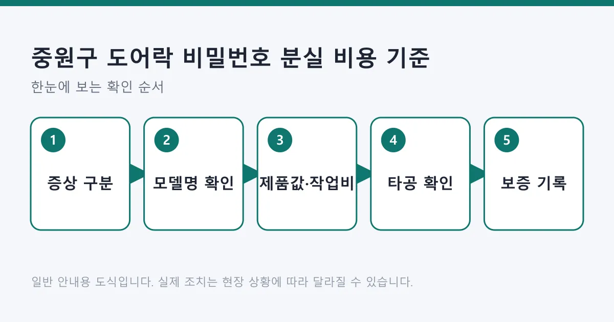 도어락 비밀번호 분실 시 증상 구분부터 모델명과 타공 확인, 보증 기록까지의 다섯 단계를 보여 주는 도식입니다.