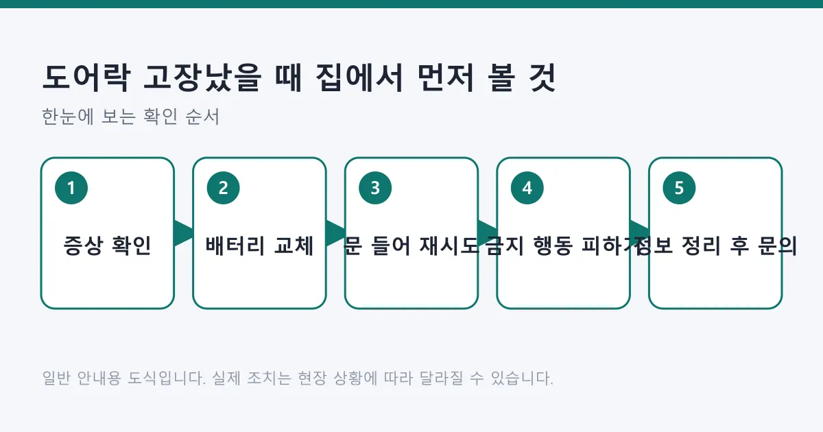 도어락 고장 시 증상 확인부터 정보 정리 후 문의까지의 대처 순서를 다섯 단계로 정리한 도식