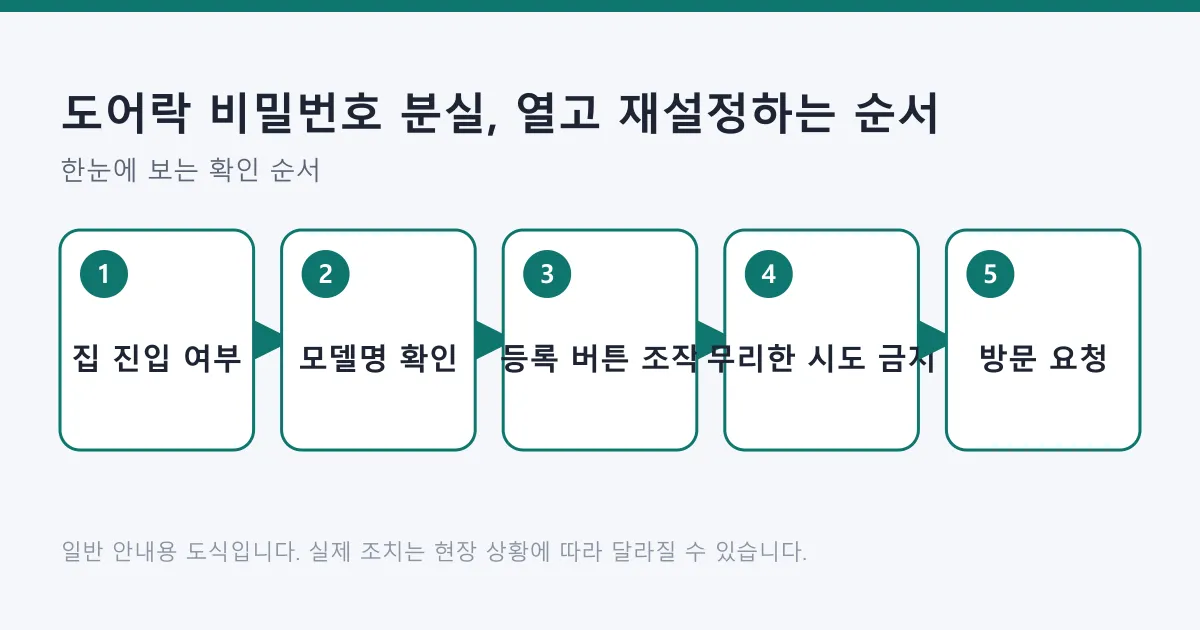 도어락 비밀번호를 잊었을 때 확인할 다섯 단계를 순서대로 보여 주는 도식